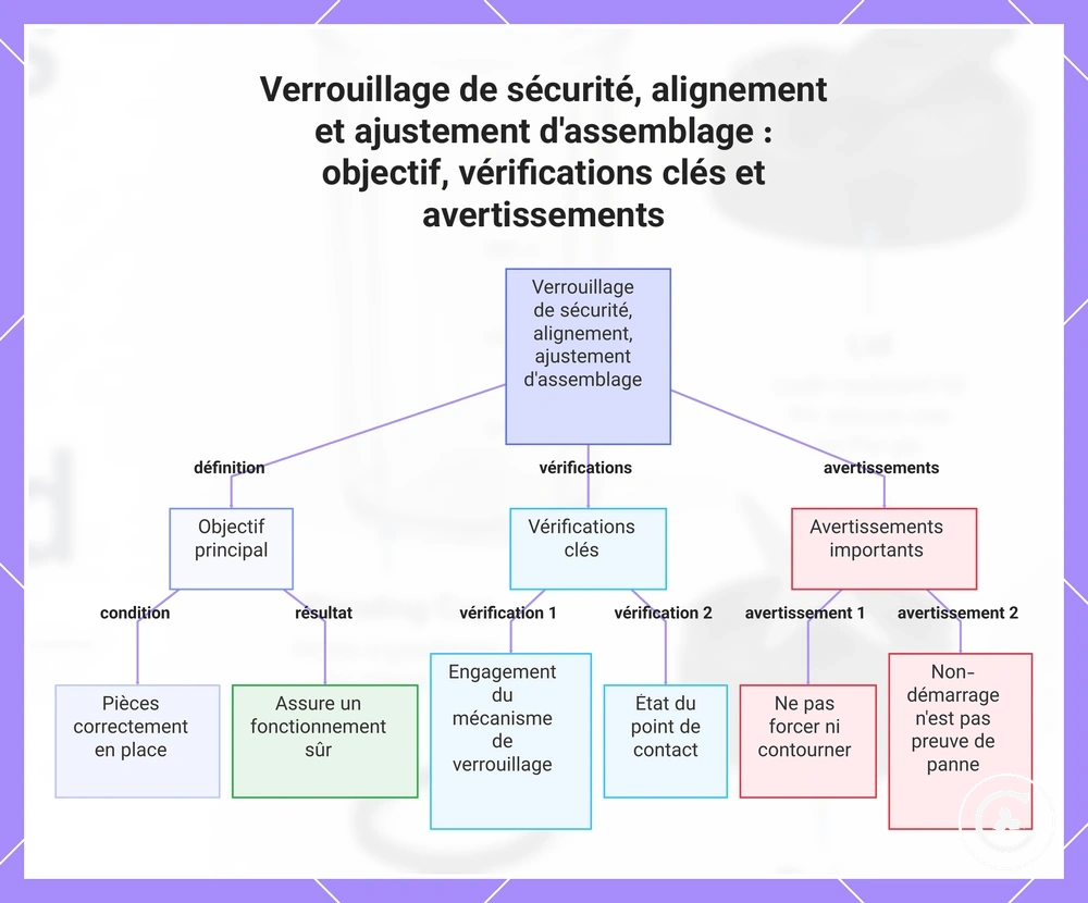 Verrouillage de sécurité, alignement et ajustement d'assemblage : objectif, vérifications clés et avertissements