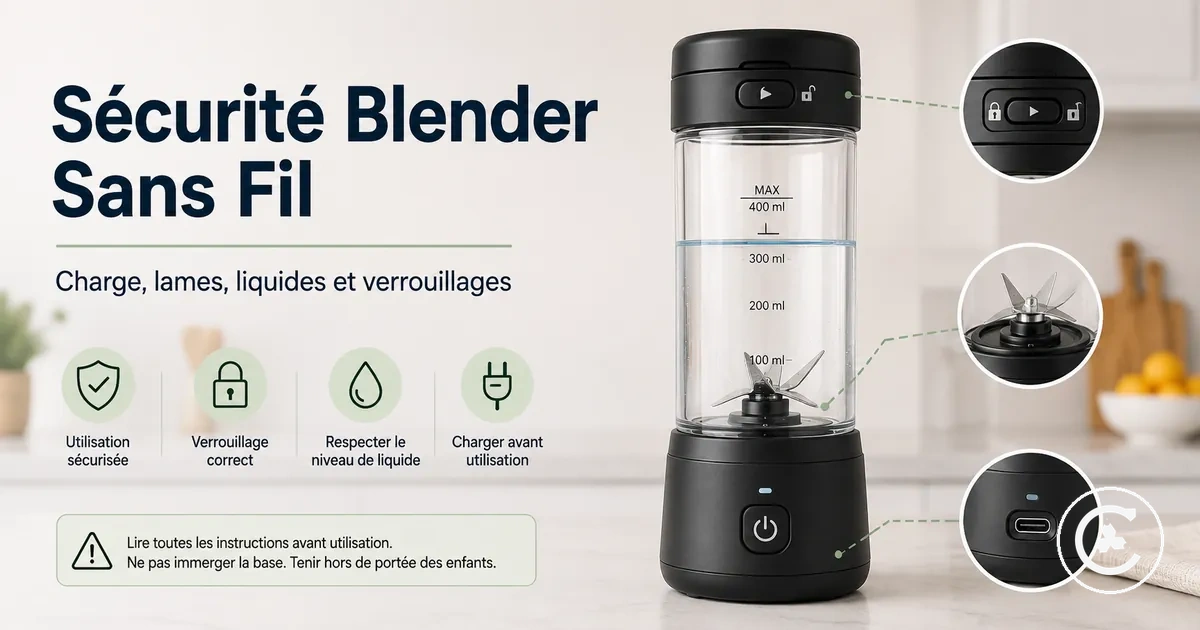 Détails de sécurité d’un blender sans fil avec port de charge, base des lames, verrouillage et niveau de liquide