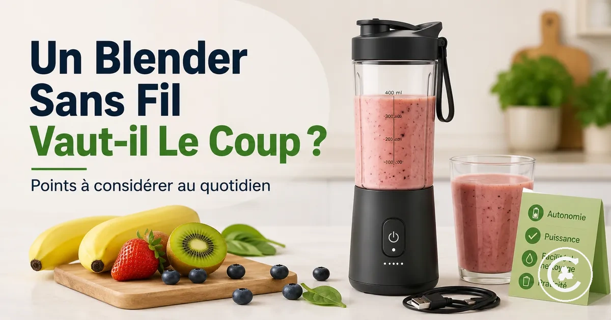Blender sans fil préparant un smoothie quotidien avec fruits, gobelet et câble de charge