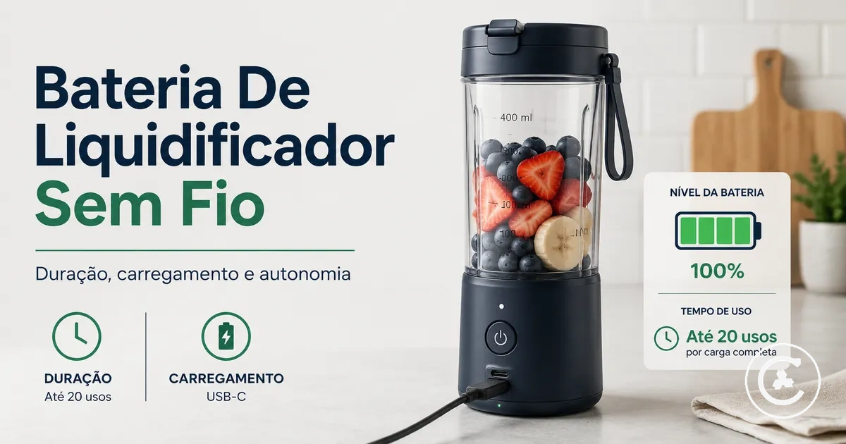 Liquidificador sem fio carregando por cabo USB-C com indicador de bateria visível
