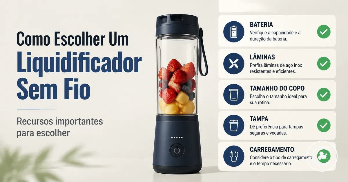 Lista de recursos de um liquidificador sem fio com bateria, lâminas, tamanho do copo, tampa e carregamento