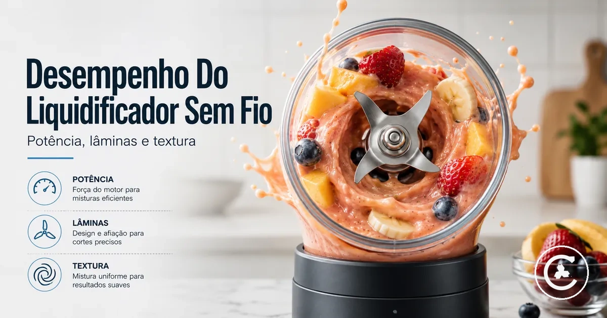 Conjunto de lâminas de um liquidificador sem fio misturando frutas e líquido até obter textura uniforme