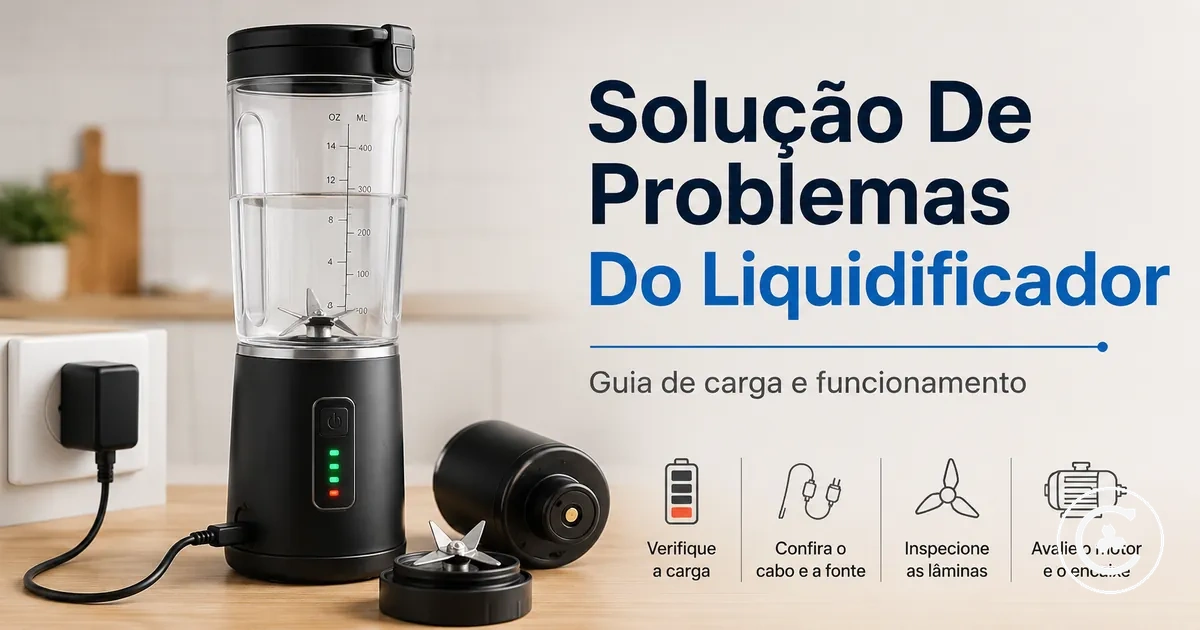 Configuração de diagnóstico de liquidificador sem fio com cabo de carregamento, indicador de bateria, lâminas e base do motor