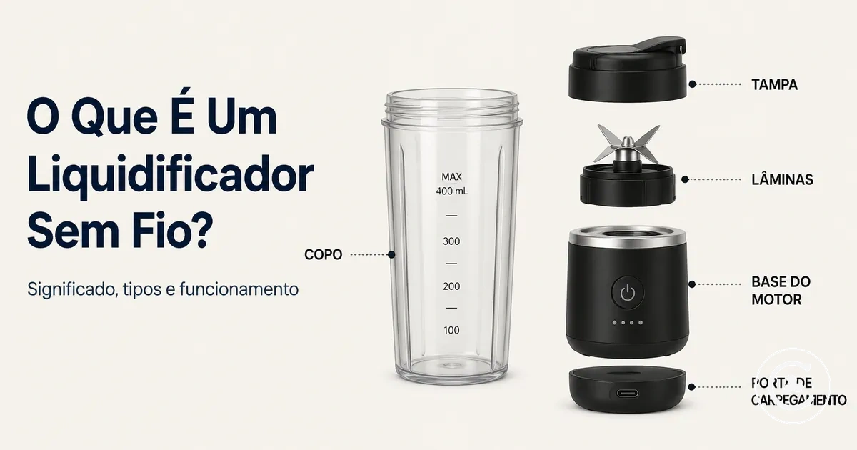 Partes de um liquidificador sem fio com copo, lâminas, base do motor, tampa e porta de carregamento