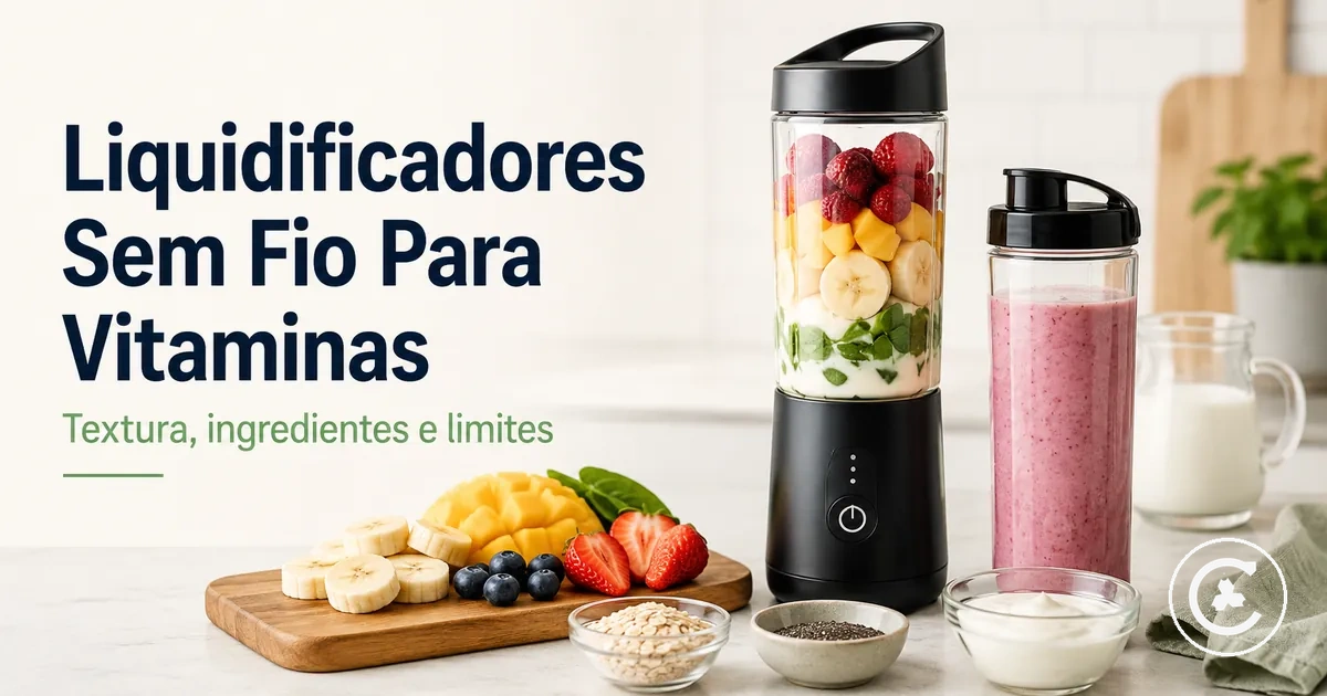 Liquidificador sem fio com frutas, líquido e ingredientes para vitaminas individuais