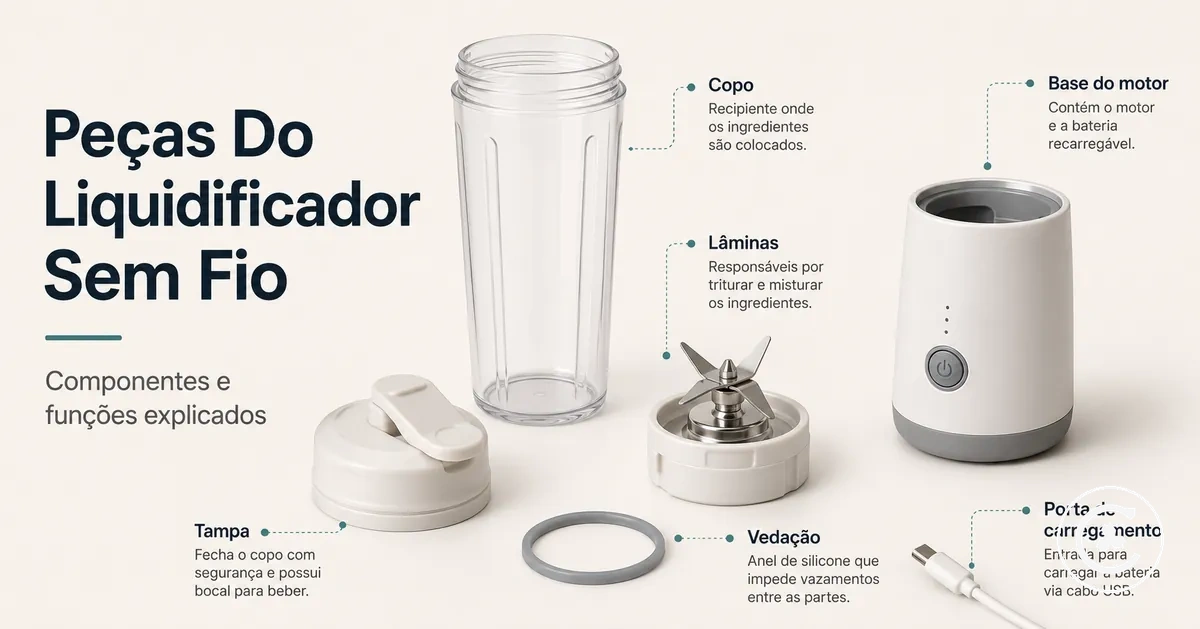 Peças de um liquidificador sem fio separadas, incluindo copo, tampa, lâminas, base do motor, vedação e porta de carregamento