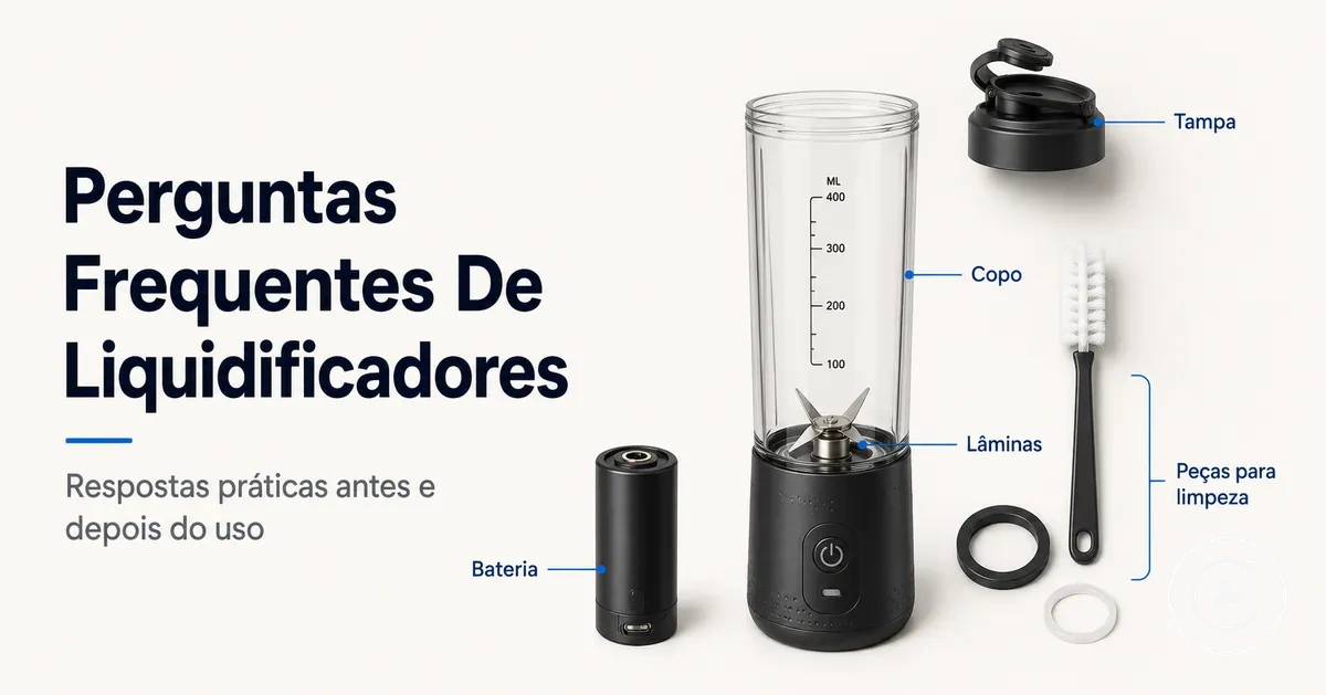 Liquidificador sem fio com etiquetas de bateria, copo, lâminas, tampa e peças de limpeza para dúvidas comuns
