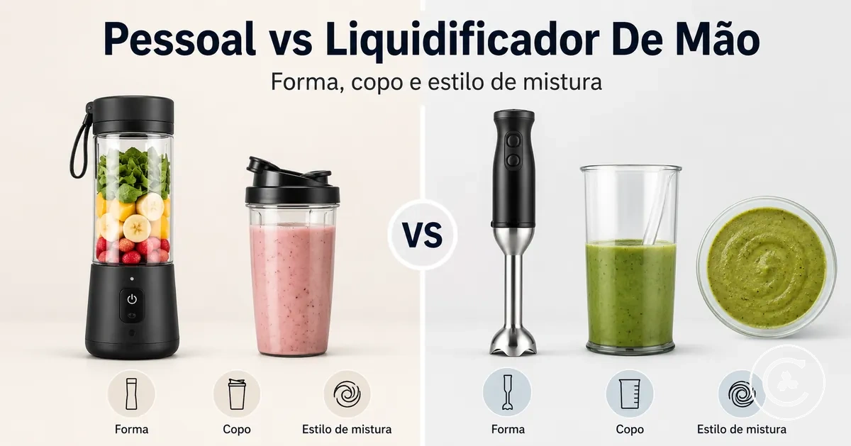 Liquidificador pessoal sem fio e liquidificador de mão sem fio comparados pela forma, uso do copo e estilo de mistura