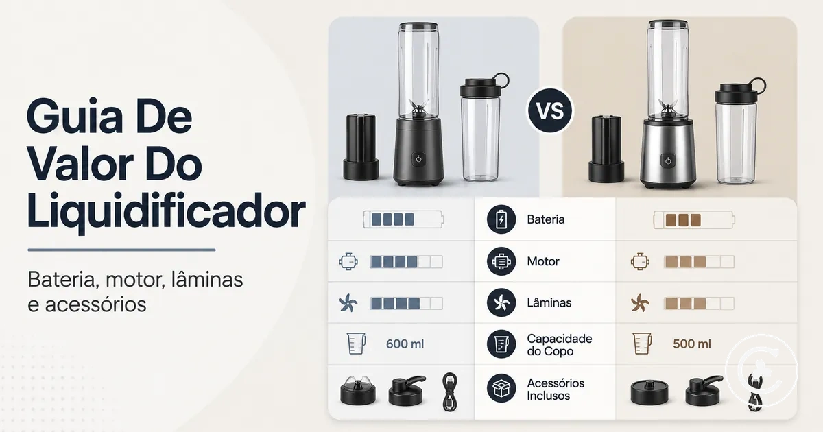 Comparação de valor de liquidificador sem fio mostrando bateria, motor, lâminas, copo e acessórios incluídos
