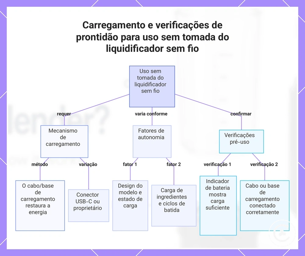 Carregamento e verificações de prontidão para uso sem tomada do liquidificador sem fio