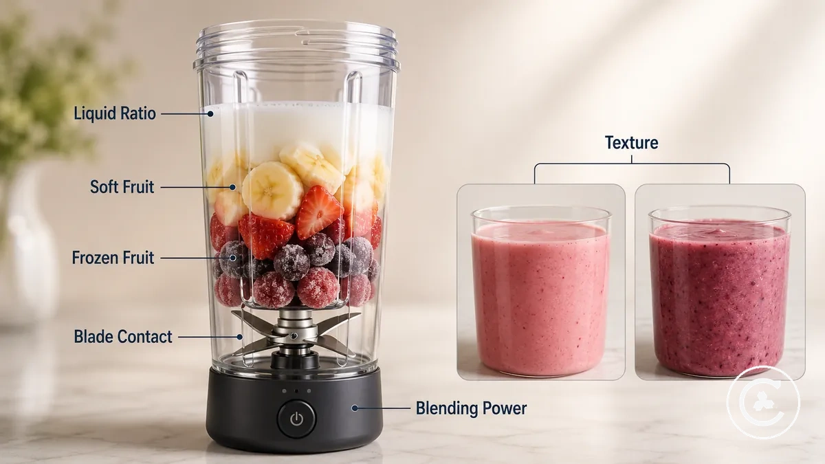 Ingredientes para vitamina em liquidificador sem fio mostrando nível de líquido, pedaços de fruta e fatores de textura da mistura