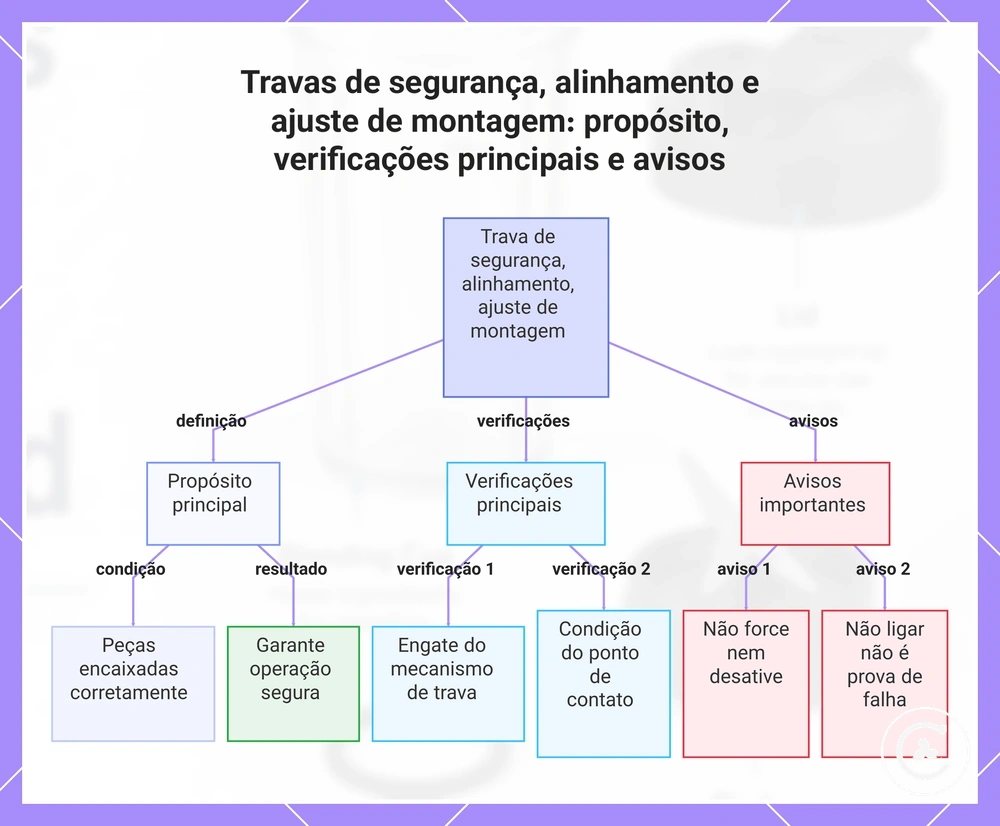 Travas de segurança, alinhamento e ajuste de montagem: propósito, verificações principais e avisos