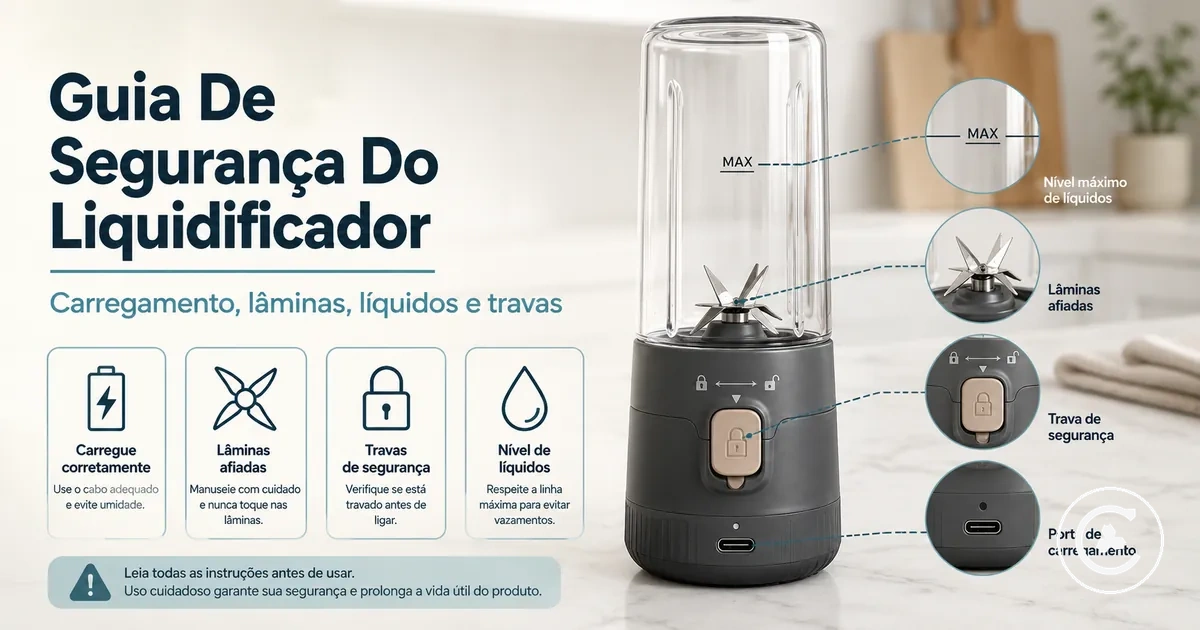 Detalhes de segurança de um liquidificador sem fio com porta de carregamento, base das lâminas, trava e nível de líquido