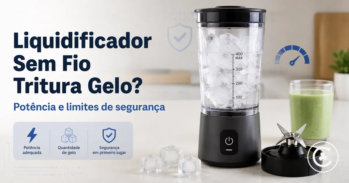 Liquidificador sem fio com pequenos cubos de gelo, líquido e conjunto de lâminas para mostrar limites ao triturar