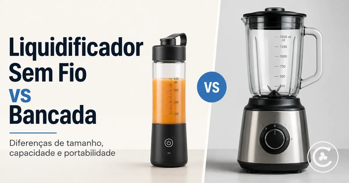 Liquidificador sem fio comparado com liquidificador de bancada mostrando diferenças de tamanho, capacidade e portabilidade