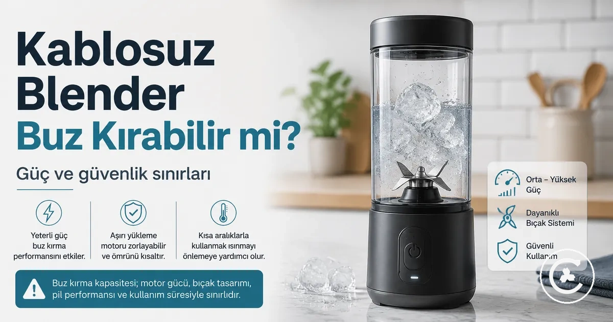 Buz parçaları, sıvı ve bıçak sistemi görünen kablosuz blender ile buz kırma sınırları