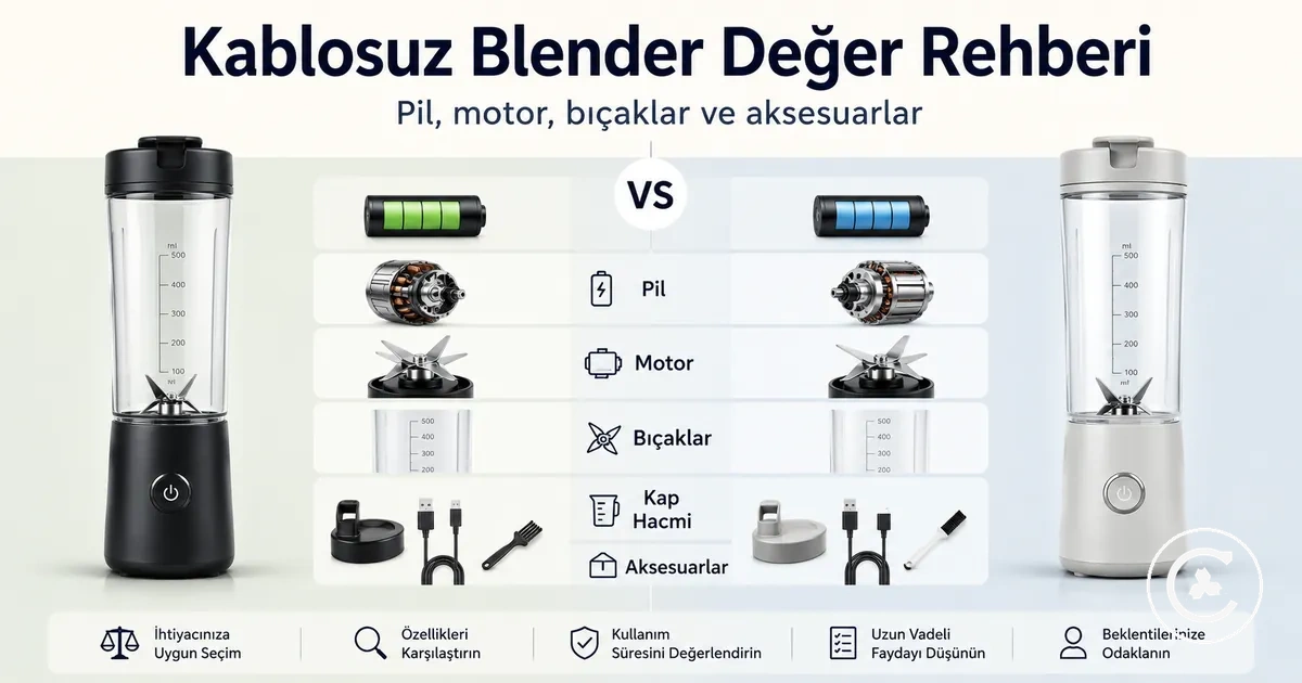 Pil, motor, bıçaklar, hazne boyutu ve aksesuarları gösteren kablosuz blender değer karşılaştırması