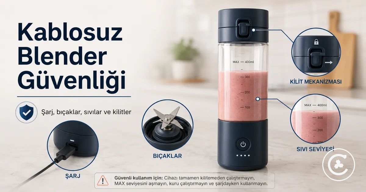 Şarj bağlantısı, bıçak tabanı, kilit mekanizması ve sıvı seviyesi görünen kablosuz blender güvenlik detayları