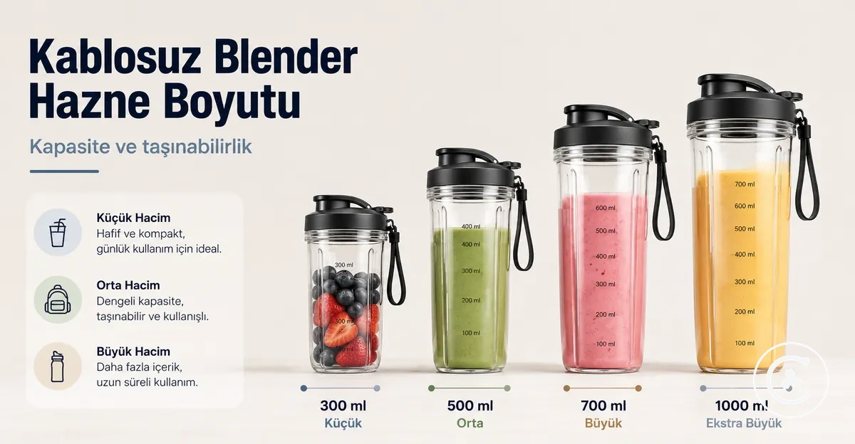 Kapakları ve taşınabilir tasarımlarıyla farklı boyutlarda kablosuz blender hazneleri