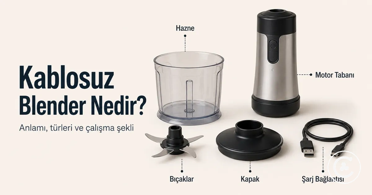 Hazne, bıçaklar, motor tabanı, kapak ve şarj bağlantısı görünen kablosuz blender parçaları