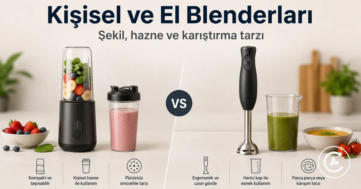 Şekil, hazne kullanımı ve karıştırma tarzı açısından karşılaştırılan kablosuz kişisel ve el blenderları
