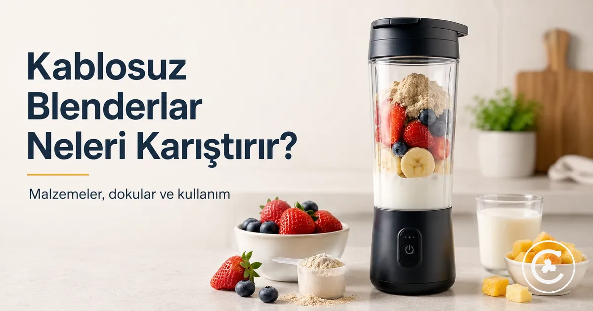 Yumuşak meyve, sıvı, protein tozu ve küçük donmuş parçalarla gösterilen kablosuz blender