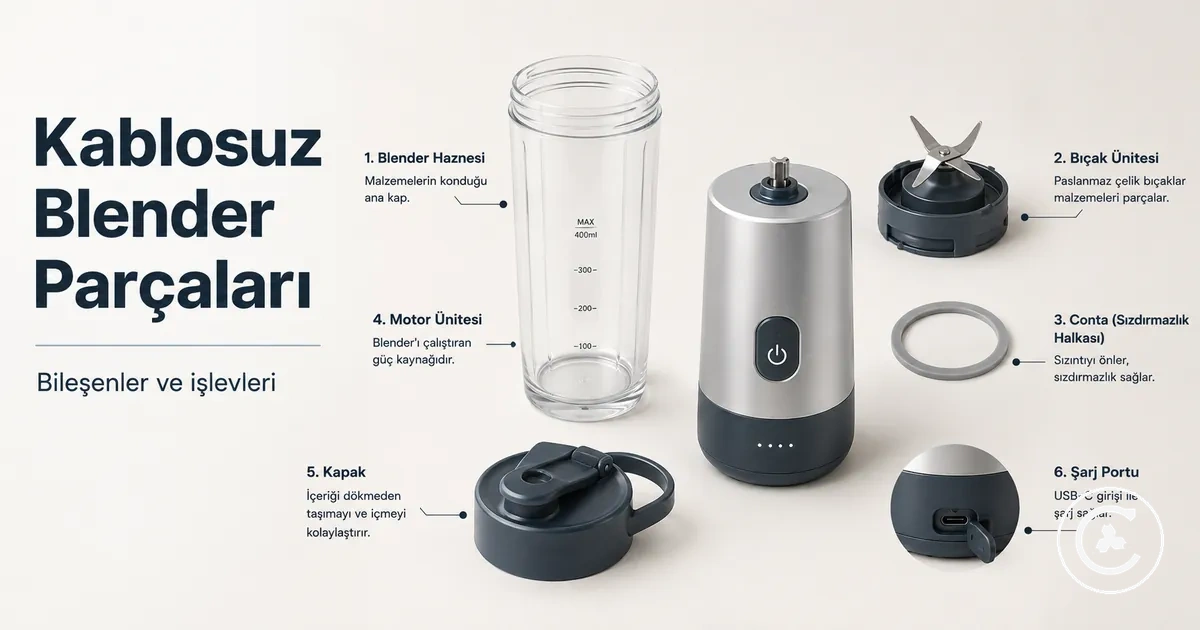 Hazne, kapak, bıçaklar, motor tabanı, conta ve şarj bağlantısı dahil ayrılmış kablosuz blender parçaları
