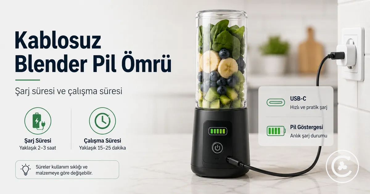 Pil göstergesi görünen USB-C kablosuyla şarj edilen kablosuz blender