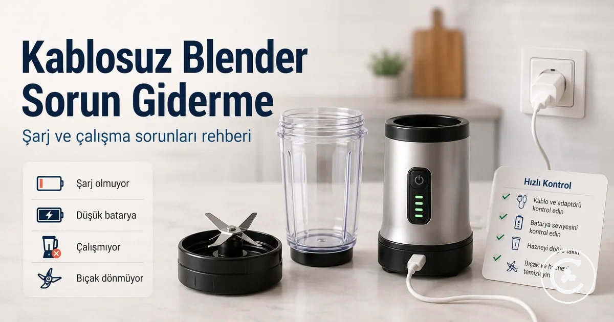 Şarj kablosu, pil göstergesi, bıçaklar ve motor tabanı ile kablosuz blender sorun giderme kurulumu