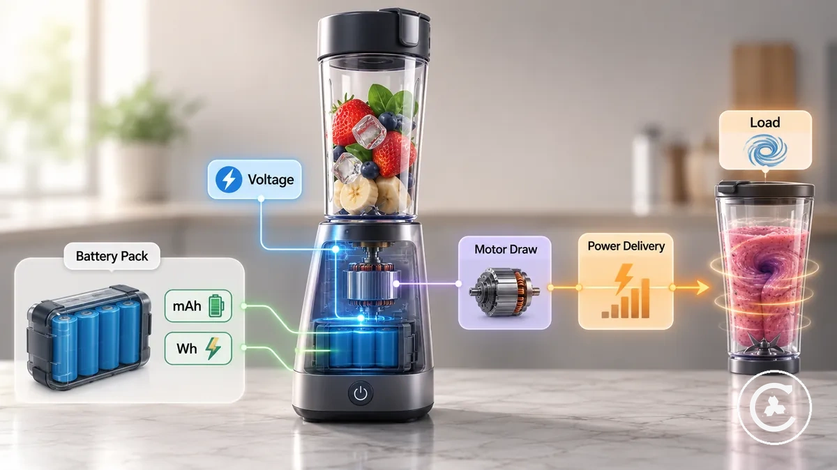 Açıklamalı kablosuz blender pil kapasitesi ve voltaj detayları.