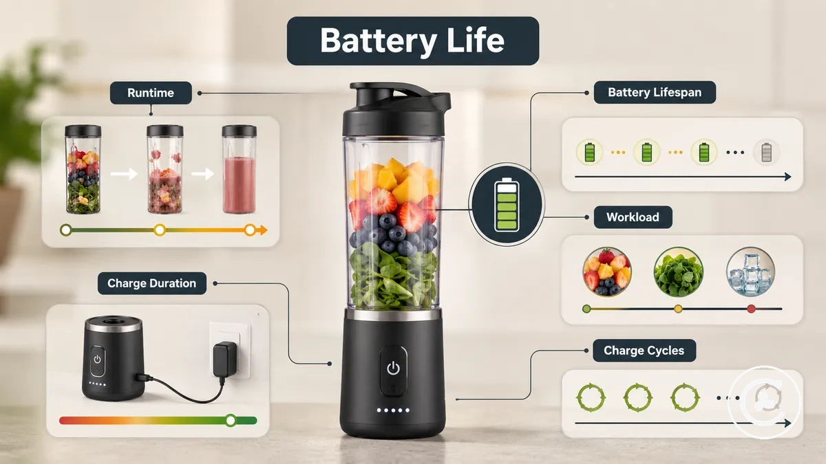 Kablosuz blender pil çalışma süresi ve pil ömrünü açıklayan diyagram