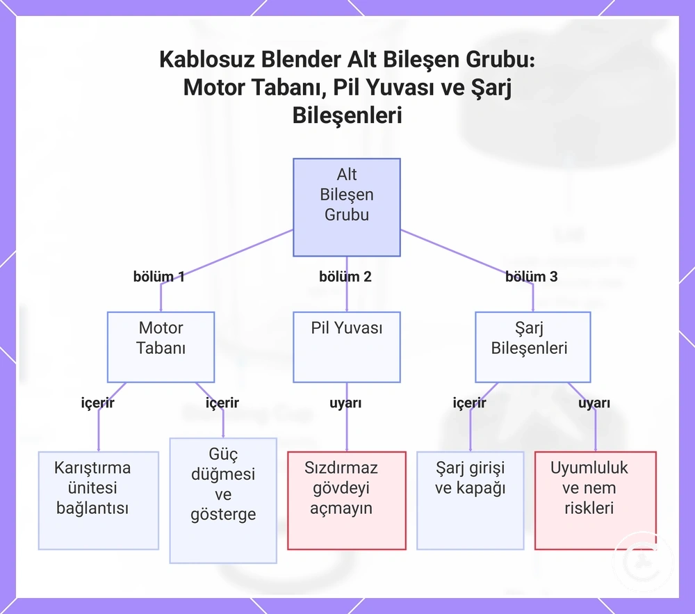 Kablosuz Blender Alt Bileşen Grubu: Motor Tabanı, Pil Yuvası ve Şarj Bileşenleri