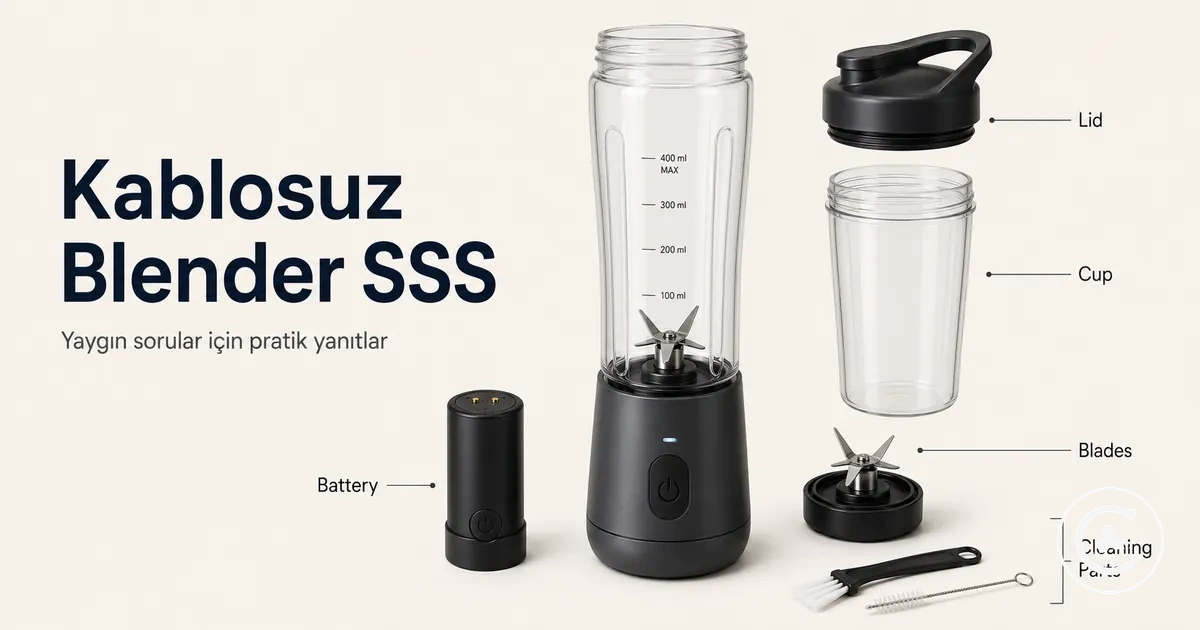 Pil, hazne, bıçaklar, kapak ve temizlik parçaları etiketlenmiş kablosuz blender ile yaygın sorular