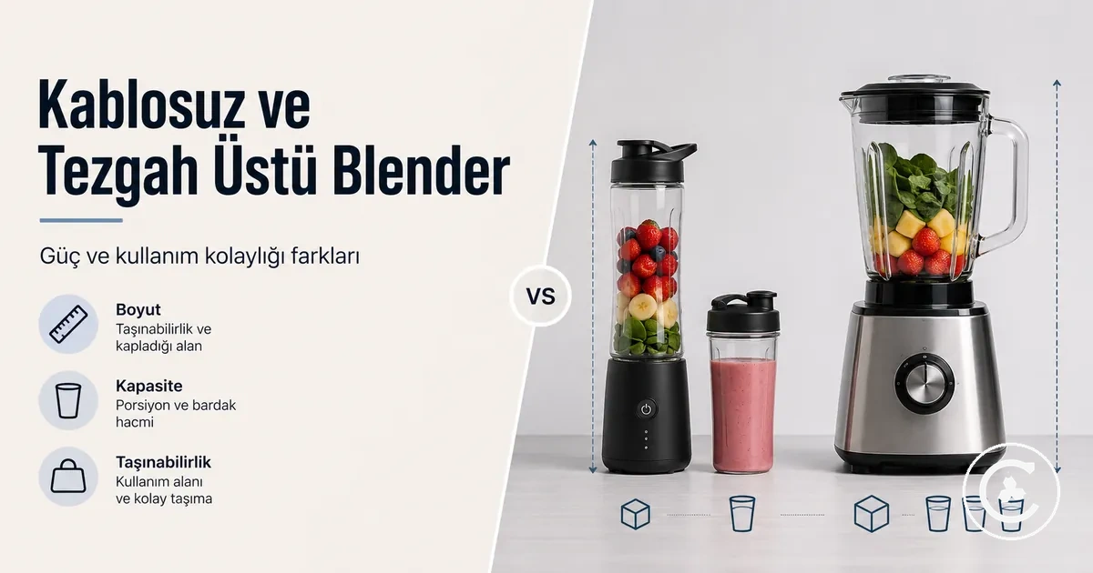 Boyut, hazne kapasitesi ve taşınabilirlik farklarını gösteren kablosuz ve tezgah üstü blender karşılaştırması